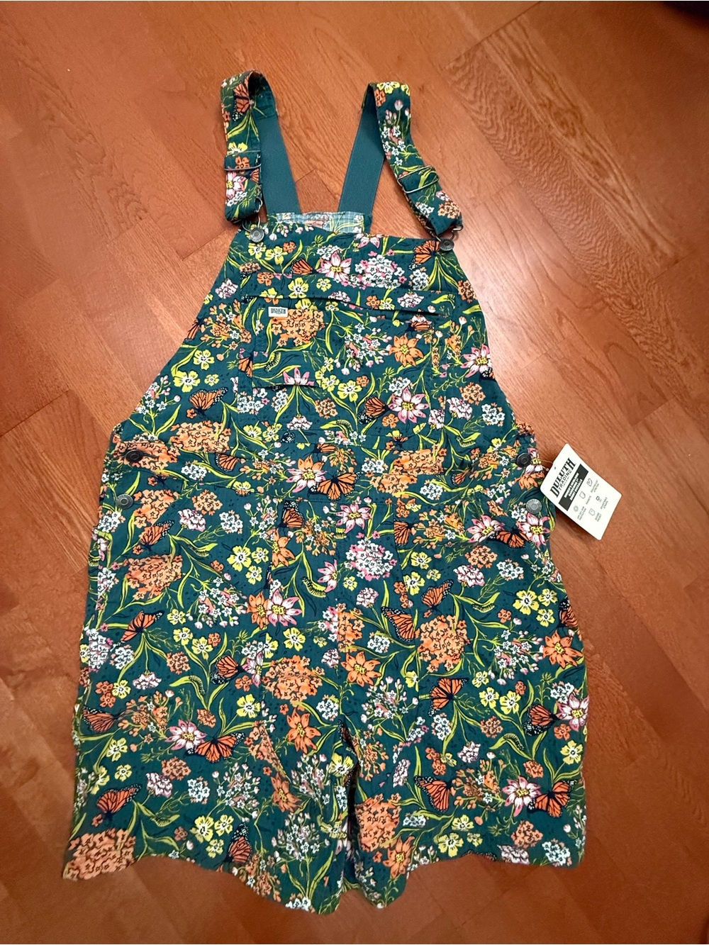 Duluth Trading Co Green Floral Short Overalls